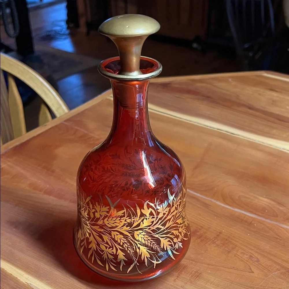 Antique Art Nouveau Bohemian Cranberry and Gold Decanter 1890-1910